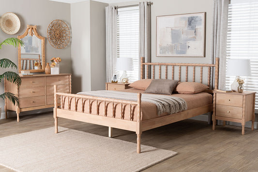 Baxton Studio Laurent Bamboo-Style 4-Piece Bedroom Set - Spindle Platform Bed with Matching Dresser and Two Nightstands, Cottage Farmhouse Style, Queen