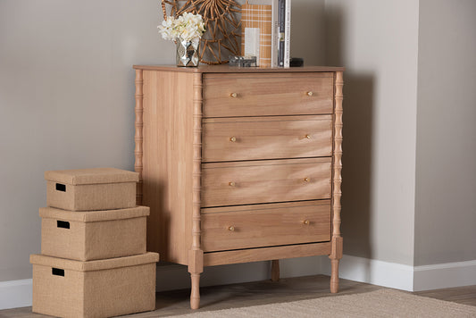 Baxton Studio Laurent Chest - 4-Drawer Bedroom Organizer with Bamboo-Style Turned Legs, Cottage Farmhouse Storage Cabinet for Clothing or Linens