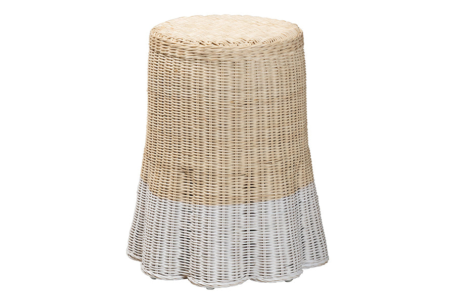 bali & pari Sarna Natural Rattan End Table - Handwoven Wicker Accent Table with Scalloped Base and Two-Tone Finish, Boho Coastal Style Side Table
