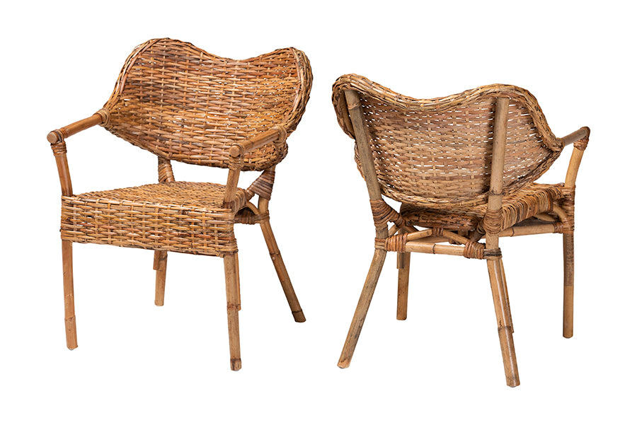 bali & pari Tara 2-Piece Natural Rattan Dining Chair - Handwoven Wicker Armchair with Curved Backrest, Boho Coastal Seating