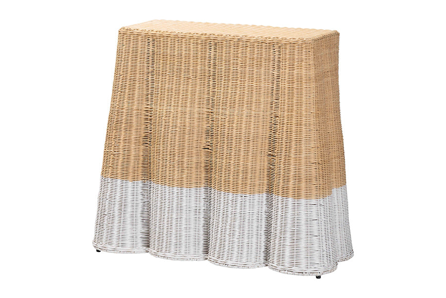 bali & pari Palm Scallop Natural Rattan Console Table - Handwoven Wicker Accent Table, Coastal & Boho Decor, Rectangle 36", Two-Tone White/Natural