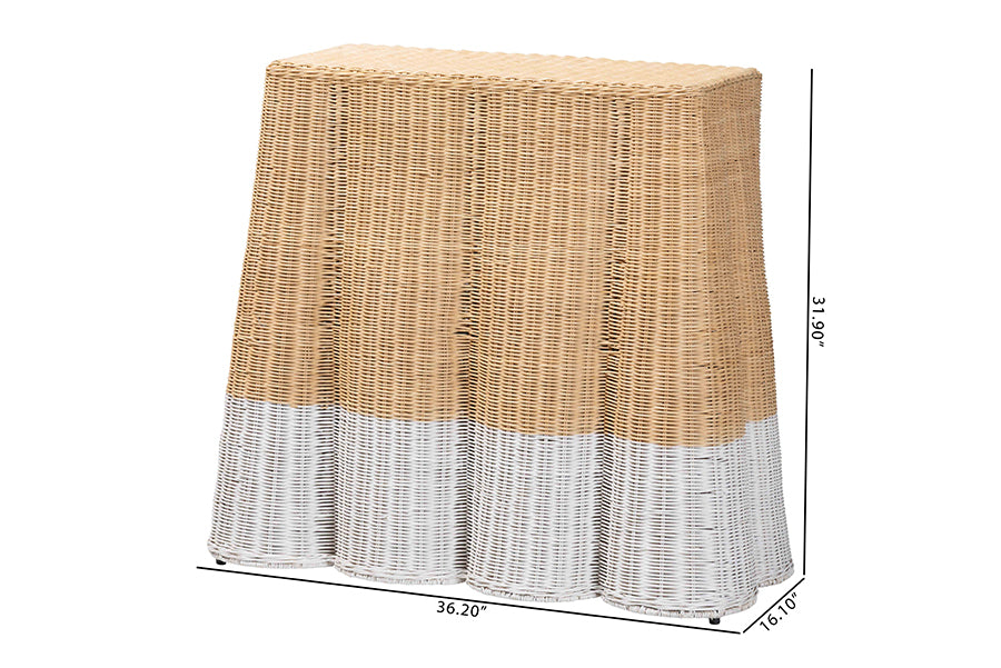 bali & pari Palm Scallop Natural Rattan Console Table - Handwoven Wicker Accent Table, Coastal & Boho Decor, Rectangle 36", Two-Tone White/Natural