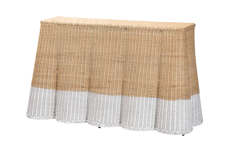bali & pari Palm Scallop Natural Rattan Console Table - Handwoven Wicker Accent Table, Coastal & Boho Decor, Rectangle 54", Two-Tone White/Natural