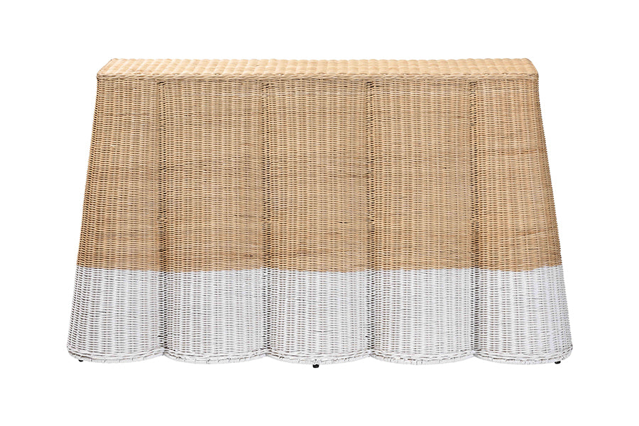 bali & pari Palm Scallop Natural Rattan Console Table - Handwoven Wicker Accent Table, Coastal & Boho Decor, Rectangle 54", Two-Tone White/Natural