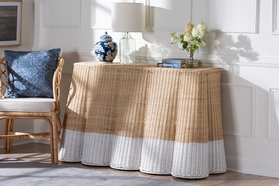 bali & pari Palm Scallop Natural Rattan Console Table - Handwoven Wicker Accent Table, Coastal & Boho Decor, Rectangle 54", Two-Tone White/Natural