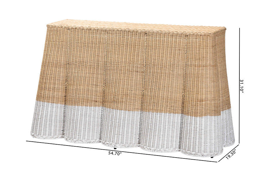 bali & pari Palm Scallop Natural Rattan Console Table - Handwoven Wicker Accent Table, Coastal & Boho Decor, Rectangle 54", Two-Tone White/Natural