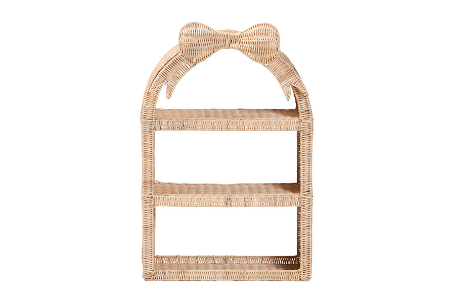 bali & pari Creusa Natural Rattan Wall Shelf - 3-Tier Decorative Storage Rack with Arched Frame and Woven Bow Accent, Boho Coastal Display Shelf