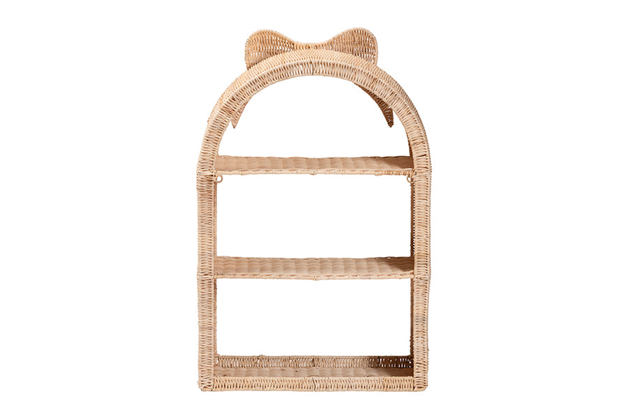 bali & pari Creusa Natural Rattan Wall Shelf - 3-Tier Decorative Storage Rack with Arched Frame and Woven Bow Accent, Boho Coastal Display Shelf