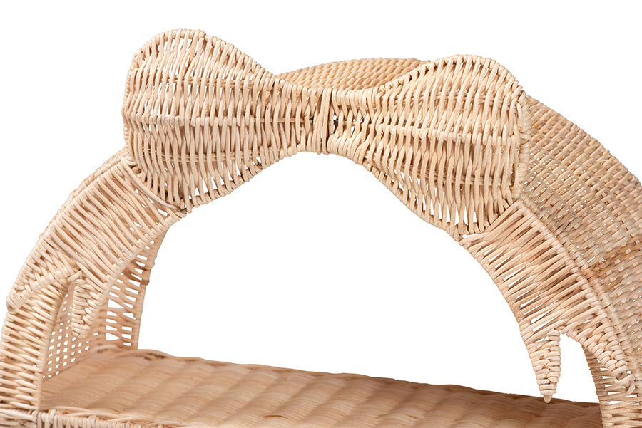 bali & pari Creusa Natural Rattan Wall Shelf - 3-Tier Decorative Storage Rack with Arched Frame and Woven Bow Accent, Boho Coastal Display Shelf