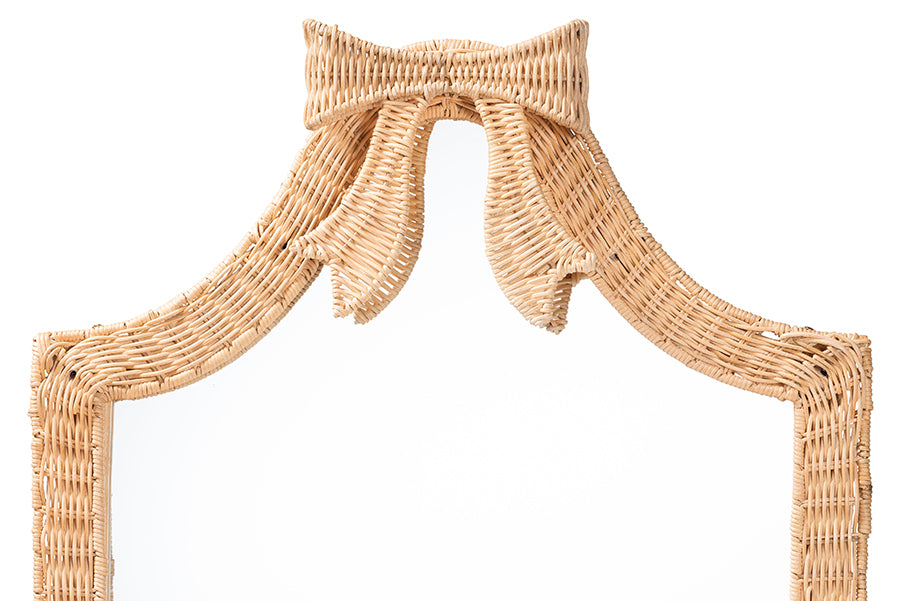 bali & pari Creusa Natural Rattan Wall Mirror - Handwoven Arched Mirror with Scalloped Corners and Bow Accent, Artistic Decor with Boho Coastal Style