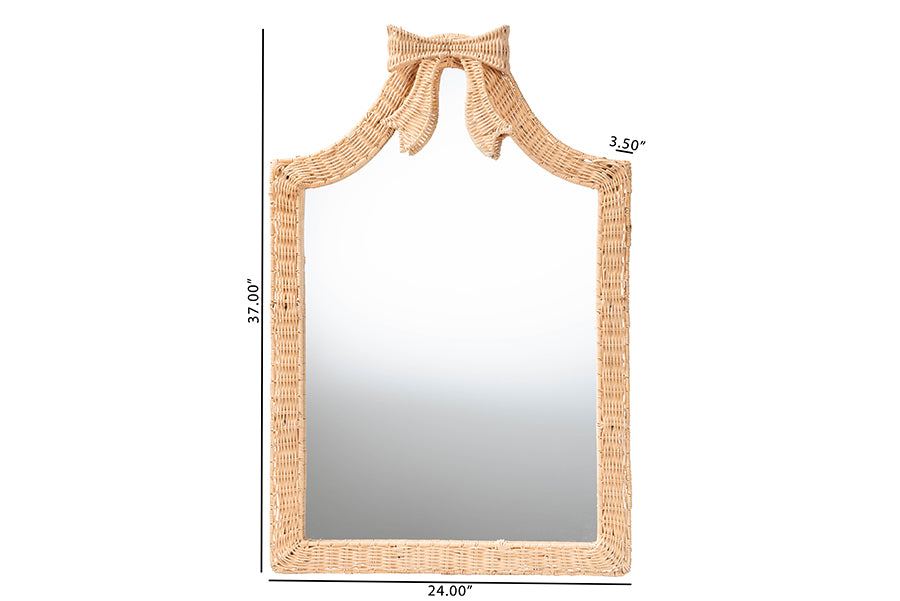 bali & pari Creusa Natural Rattan Wall Mirror - Handwoven Arched Mirror with Scalloped Corners and Bow Accent, Artistic Decor with Boho Coastal Style