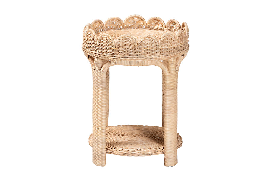 bali & pari Latoya Natural Rattan End Table - Handwoven Wicker 2-Tier Side Table with Scalloped Border for Living Room or Bedroom