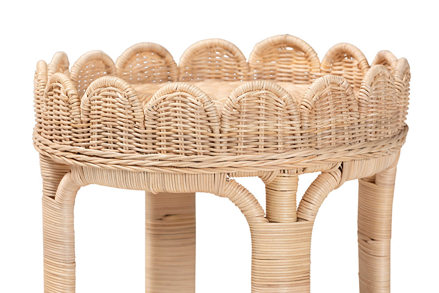 bali & pari Latoya Natural Rattan End Table - Handwoven Wicker 2-Tier Side Table with Scalloped Border for Living Room or Bedroom
