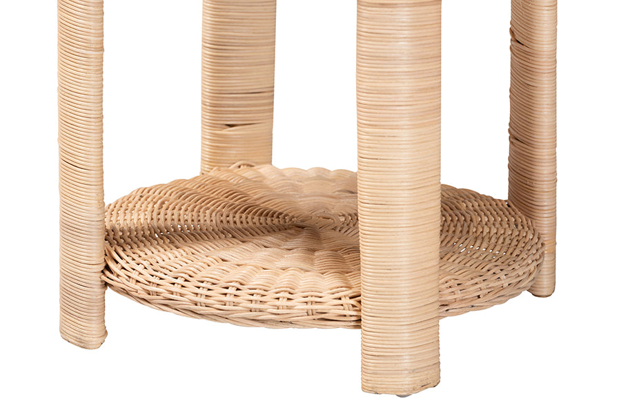 bali & pari Latoya Natural Rattan End Table - Handwoven Wicker 2-Tier Side Table with Scalloped Border for Living Room or Bedroom