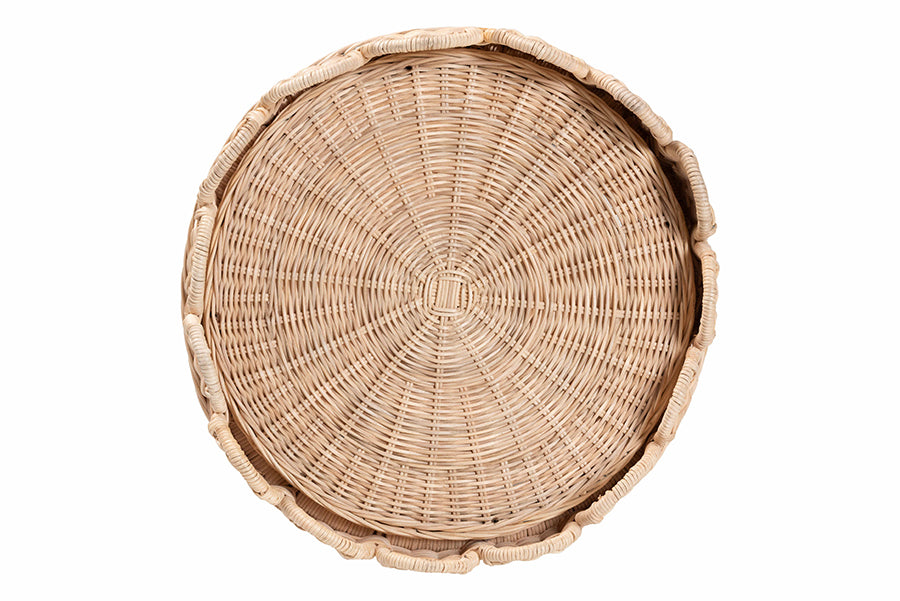bali & pari Latoya Natural Rattan End Table - Handwoven Wicker 2-Tier Side Table with Scalloped Border for Living Room or Bedroom