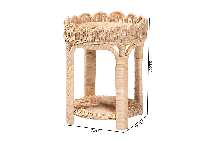 bali & pari Latoya Natural Rattan End Table - Handwoven Wicker 2-Tier Side Table with Scalloped Border for Living Room or Bedroom