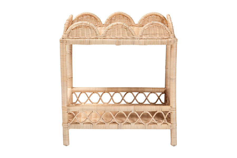 bali & pari Eloisa Natural Rattan End Table - Handwoven Wicker 2-Tier Side Table with Scalloped Border for Living Room or Bedroom