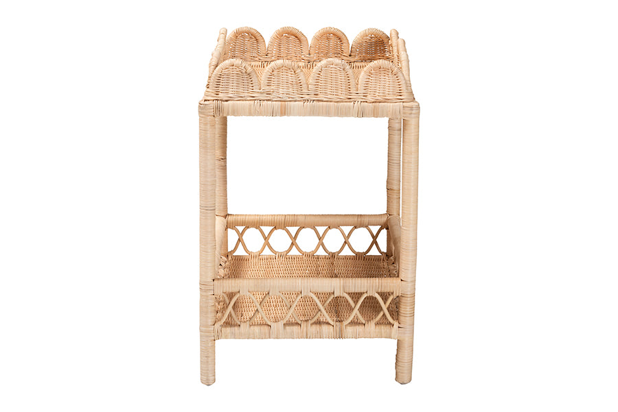 bali & pari Eloisa Natural Rattan End Table - Handwoven Wicker 2-Tier Side Table with Scalloped Border for Living Room or Bedroom