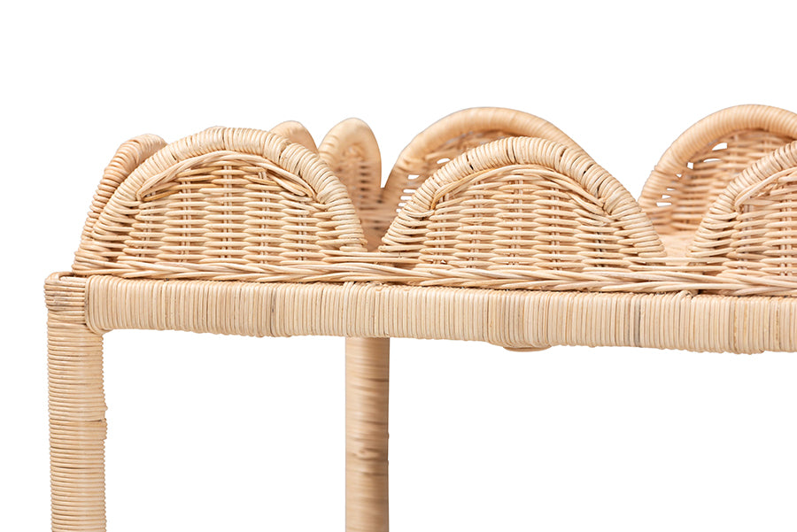 bali & pari Eloisa Natural Rattan End Table - Handwoven Wicker 2-Tier Side Table with Scalloped Border for Living Room or Bedroom