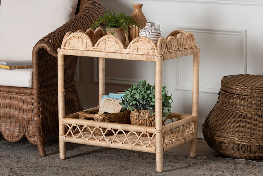 bali & pari Eloisa Natural Rattan End Table - Handwoven Wicker 2-Tier Side Table with Scalloped Border for Living Room or Bedroom