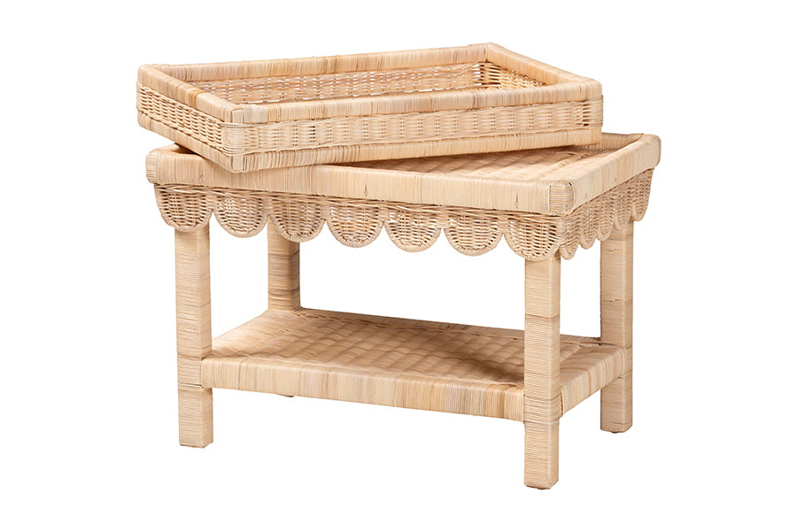 bali & pari Weyman Scalloped Rattan End Table with Removable Tray Top - Handwoven Rattan Accent Table with Shelf, Coastal Boho Style Side Table for Living Room or Bedroom