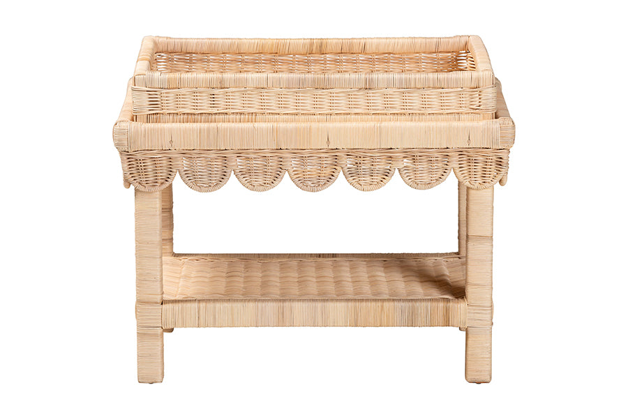 bali & pari Weyman Scalloped Rattan End Table with Removable Tray Top - Handwoven Rattan Accent Table with Shelf, Coastal Boho Style Side Table for Living Room or Bedroom