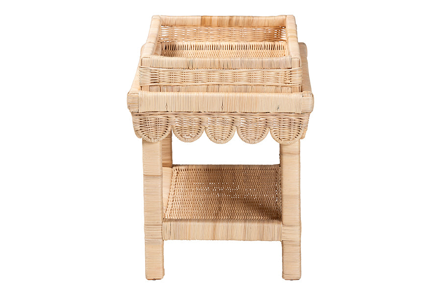 bali & pari Weyman Scalloped Rattan End Table with Removable Tray Top - Handwoven Rattan Accent Table with Shelf, Coastal Boho Style Side Table for Living Room or Bedroom