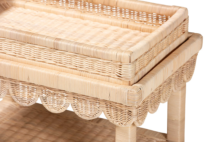 bali & pari Weyman Scalloped Rattan End Table with Removable Tray Top - Handwoven Rattan Accent Table with Shelf, Coastal Boho Style Side Table for Living Room or Bedroom