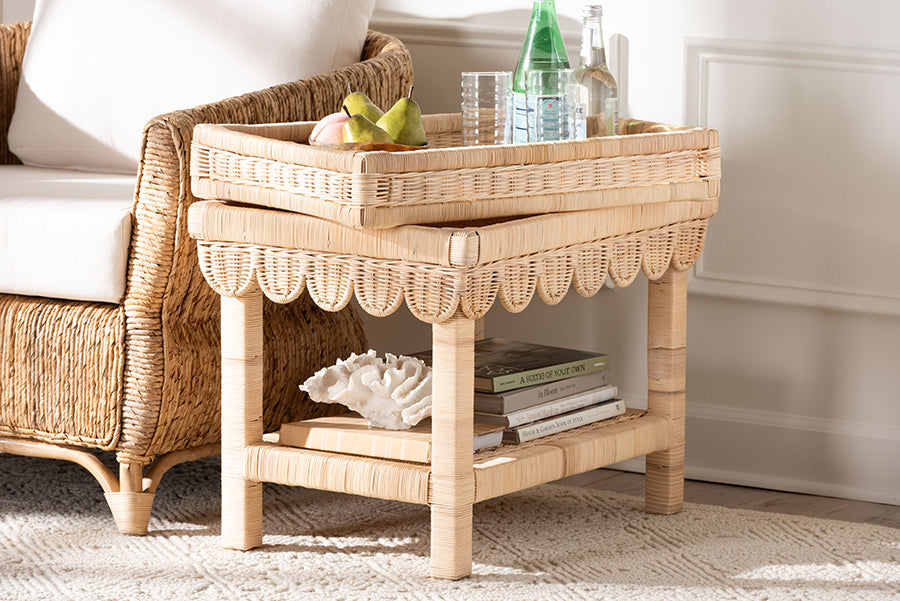 bali & pari Weyman Scalloped Rattan End Table with Removable Tray Top - Handwoven Rattan Accent Table with Shelf, Coastal Boho Style Side Table for Living Room or Bedroom