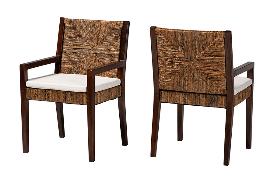 bali & pari Cordoba 2-Piece Handwoven Seagrass Armchairs - Solid Mango Wood Frame Dining Chair with Woven Seat and Backrest, Rustic Boho Style Kitchen or Dining Room Seating, Dark Brown