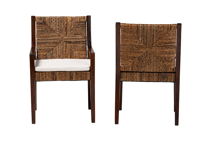 bali & pari Cordoba 2-Piece Handwoven Seagrass Armchairs - Solid Mango Wood Frame Dining Chair with Woven Seat and Backrest, Rustic Boho Style Kitchen or Dining Room Seating, Dark Brown