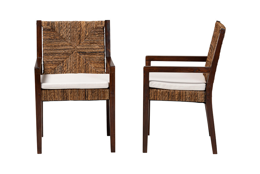bali & pari Cordoba 2-Piece Handwoven Seagrass Armchairs - Solid Mango Wood Frame Dining Chair with Woven Seat and Backrest, Rustic Boho Style Kitchen or Dining Room Seating, Dark Brown