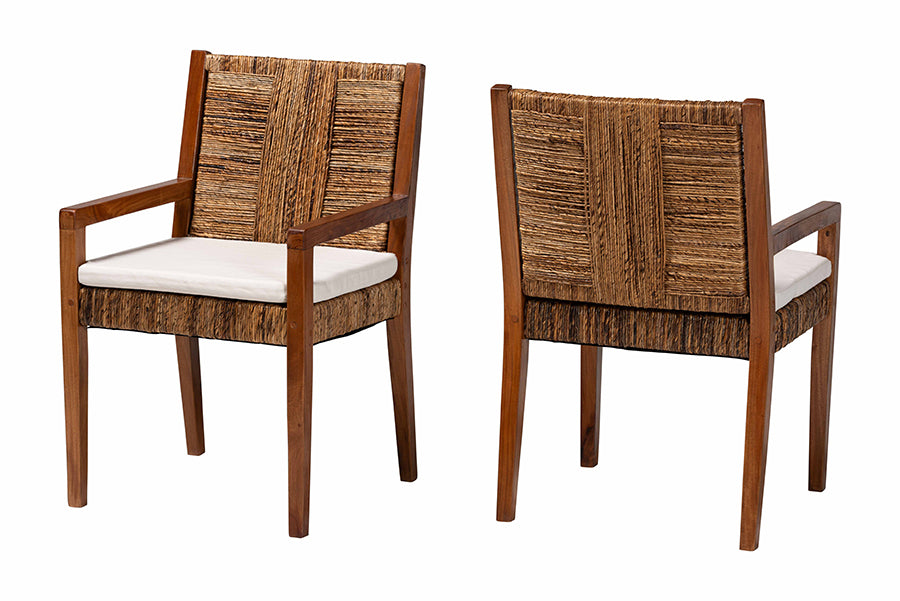 bali & pari Chabela 2-Piece Handwoven Seagrass Armchairs - Solid Mango Wood Frame Dining Chair with Woven Seat and Backrest, Rustic Boho Style Kitchen or Dining Room Seating, Medium Brown