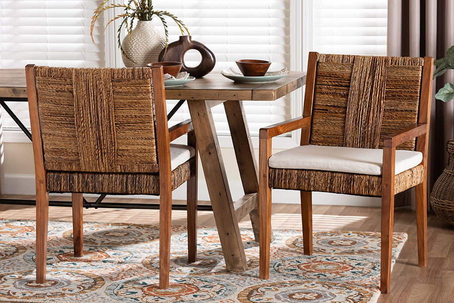 bali & pari Chabela 2-Piece Handwoven Seagrass Armchairs - Solid Mango Wood Frame Dining Chair with Woven Seat and Backrest, Rustic Boho Style Kitchen or Dining Room Seating, Medium Brown