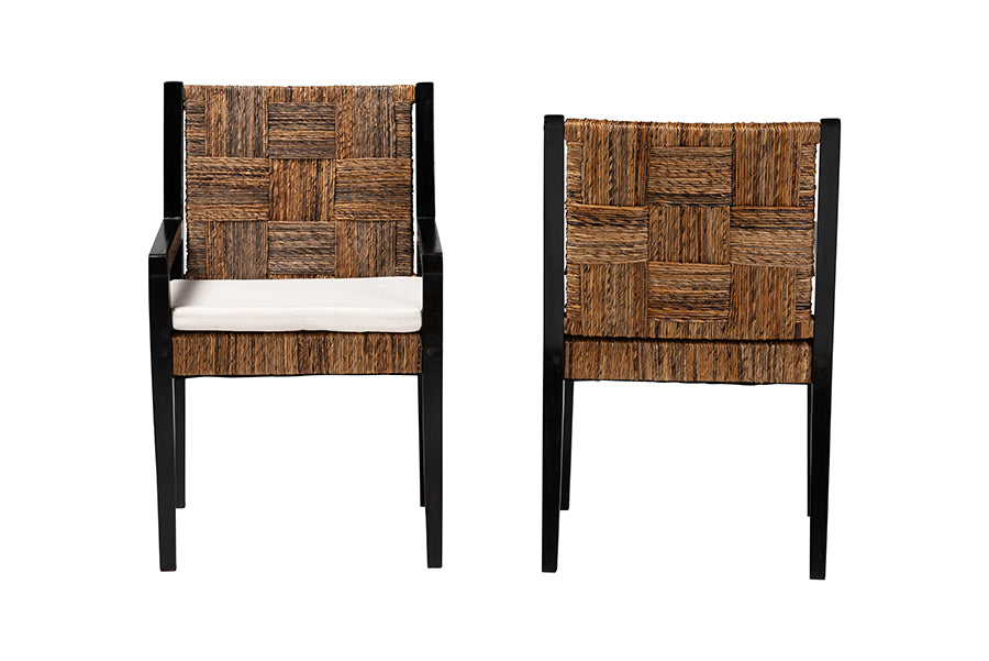 bali & pari Raniya 2-Piece Handwoven Seagrass Armchairs - Solid Mango Wood Frame Dining Chair with Woven Seat and Backrest, Rustic Boho Style Kitchen or Dining Room Seating, Black