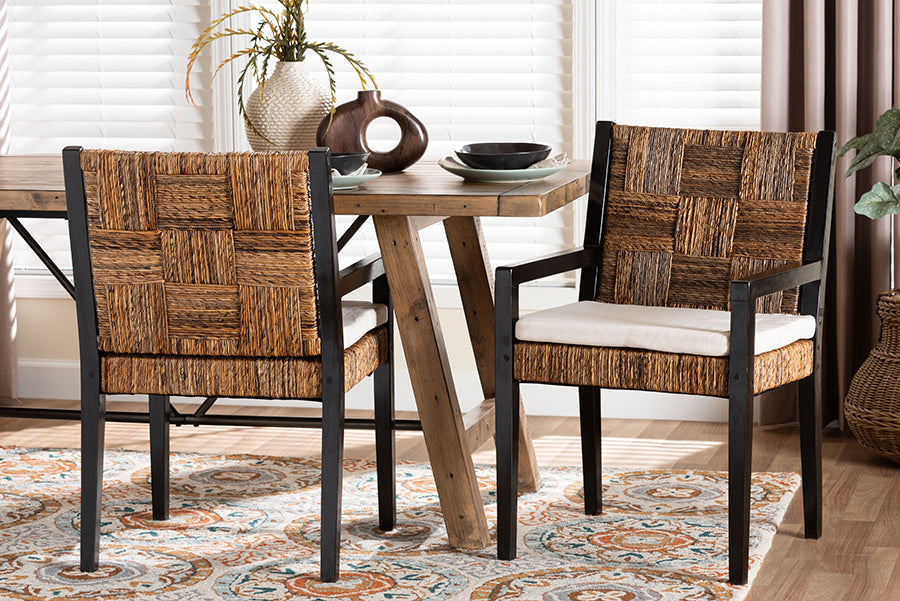 bali & pari Raniya 2-Piece Handwoven Seagrass Armchairs - Solid Mango Wood Frame Dining Chair with Woven Seat and Backrest, Rustic Boho Style Kitchen or Dining Room Seating, Black