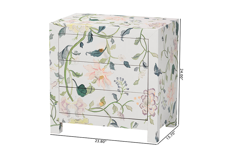 Baxton Studio Connery Floral End Table - 3-Drawer Decorative Accent Storage Cabinet