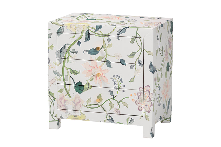 Baxton Studio Connery Floral End Table - 3-Drawer Decorative Accent Storage Cabinet