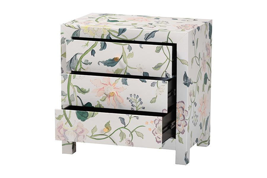 Baxton Studio Connery Floral End Table - 3-Drawer Decorative Accent Storage Cabinet
