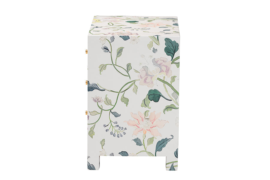 Baxton Studio Connery Floral End Table - 3-Drawer Decorative Accent Storage Cabinet
