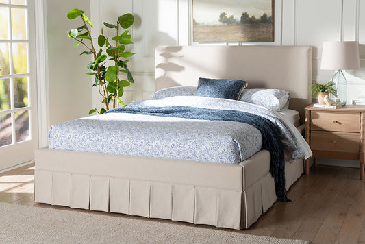 Baxton Studio Astin Platform Bed with Pleated Skirt- Fabric Upholstered Bed Frame with Panel Headboard, Queen