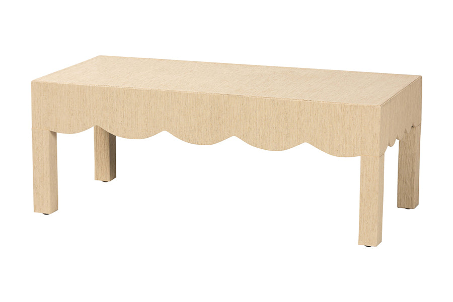 bali & pari Mason Natural Grasscloth Coffee Table - Rectangular Accent Table with Scalloped Apron, Modern Coastal Living Room Centerpiece