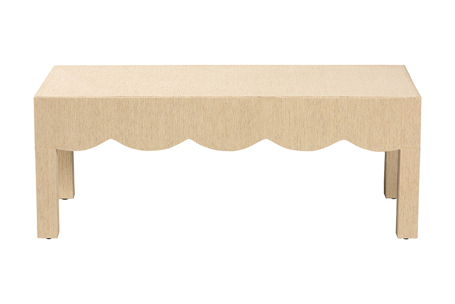 bali & pari Mason Natural Grasscloth Coffee Table - Rectangular Accent Table with Scalloped Apron, Modern Coastal Living Room Centerpiece