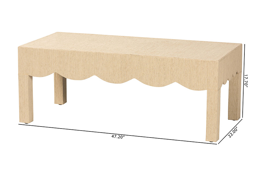 bali & pari Mason Natural Grasscloth Coffee Table - Rectangular Accent Table with Scalloped Apron, Modern Coastal Living Room Centerpiece