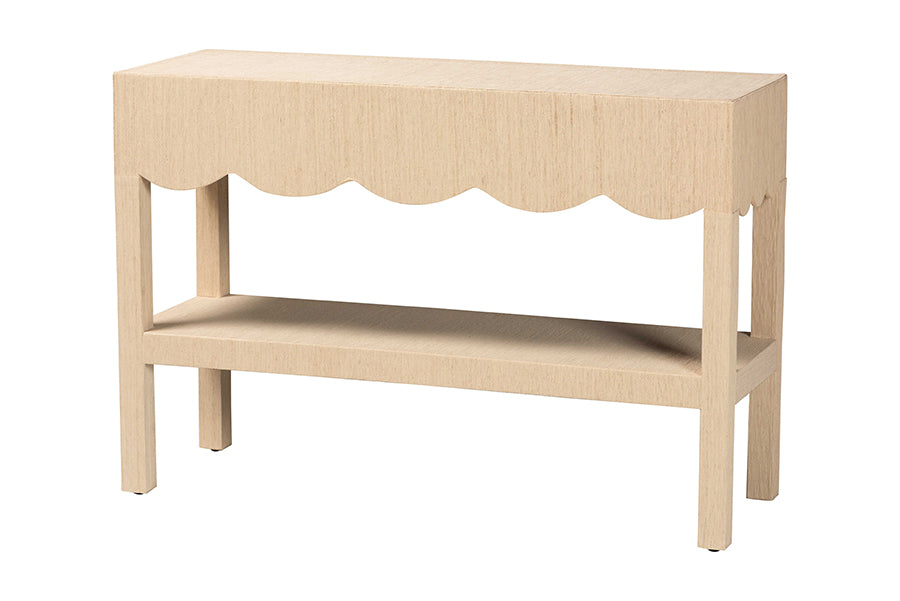 bali & pari Mason Natural Grasscloth Console Table - Two-Tier Entryway Table with Scalloped Apron, Modern Coastal Accent Table for Living Room or Hallway