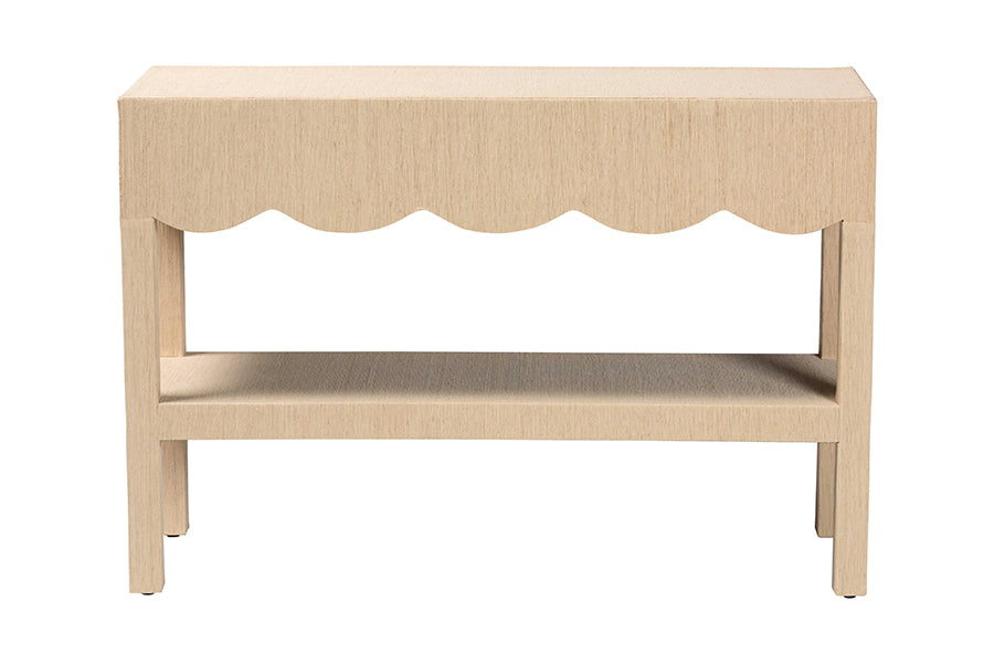 bali & pari Mason Natural Grasscloth Console Table - Two-Tier Entryway Table with Scalloped Apron, Modern Coastal Accent Table for Living Room or Hallway