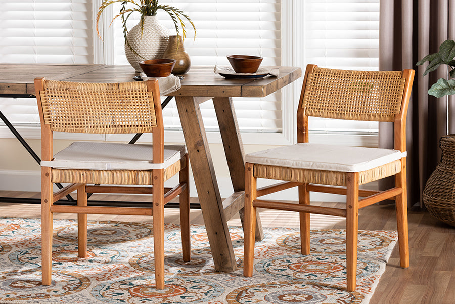 bali & pari Chatura Natural Rattan and Mahogany Wood 2-Piece Dining Side Chair Set - Handwoven Wicker Dining Chair with Angled Back, Coastal Boho Seating for Dining or Kitchen