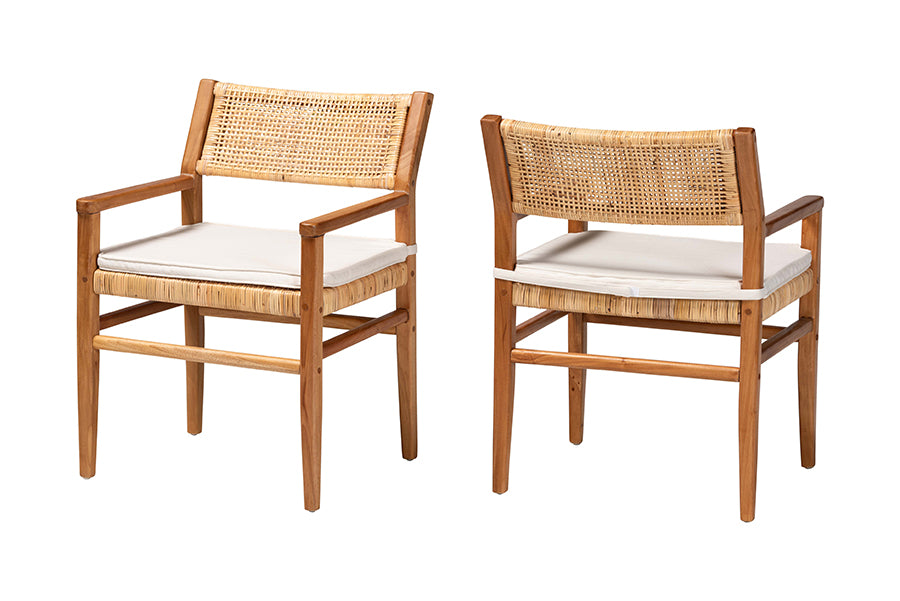 bali & pari Chatura Natural Rattan and Mahogany Wood 2-Piece Dining Armchair Set - Handwoven Wicker Dining Chair with Angled Back, Coastal Boho Seating for Dining or Kitchen