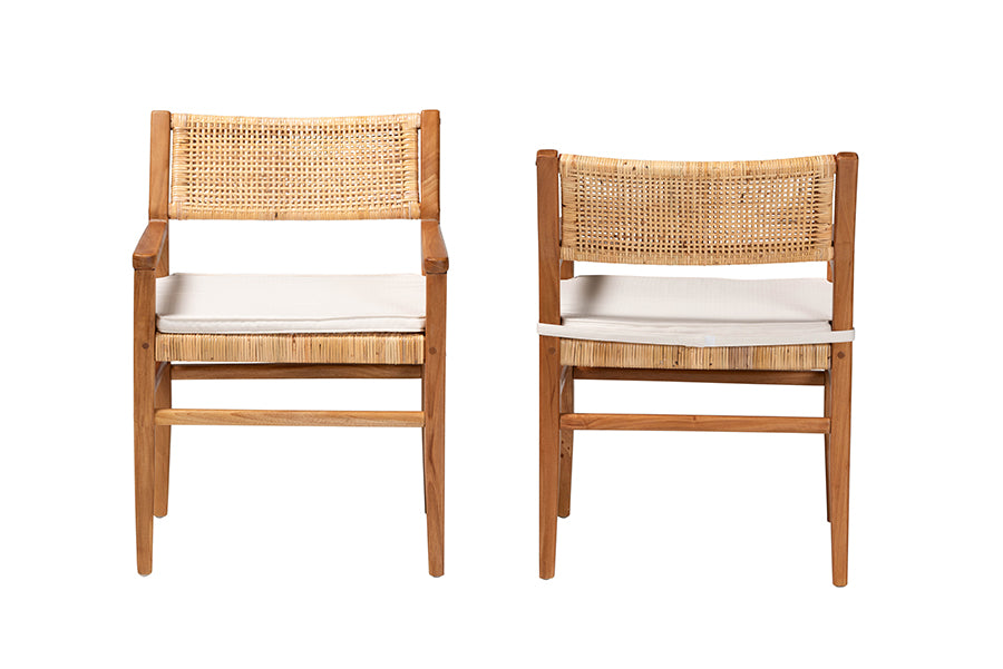bali & pari Chatura Natural Rattan and Mahogany Wood 2-Piece Dining Armchair Set - Handwoven Wicker Dining Chair with Angled Back, Coastal Boho Seating for Dining or Kitchen