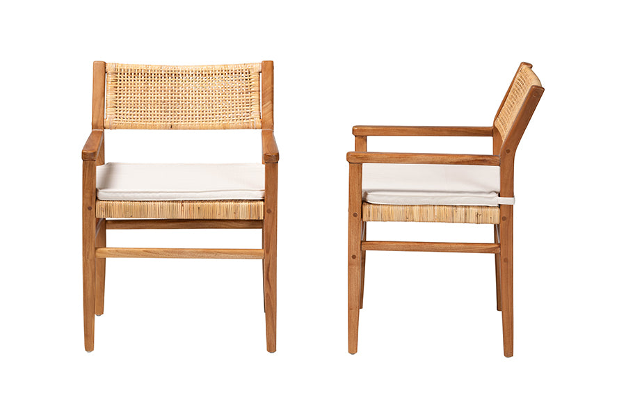 bali & pari Chatura Natural Rattan and Mahogany Wood 2-Piece Dining Armchair Set - Handwoven Wicker Dining Chair with Angled Back, Coastal Boho Seating for Dining or Kitchen